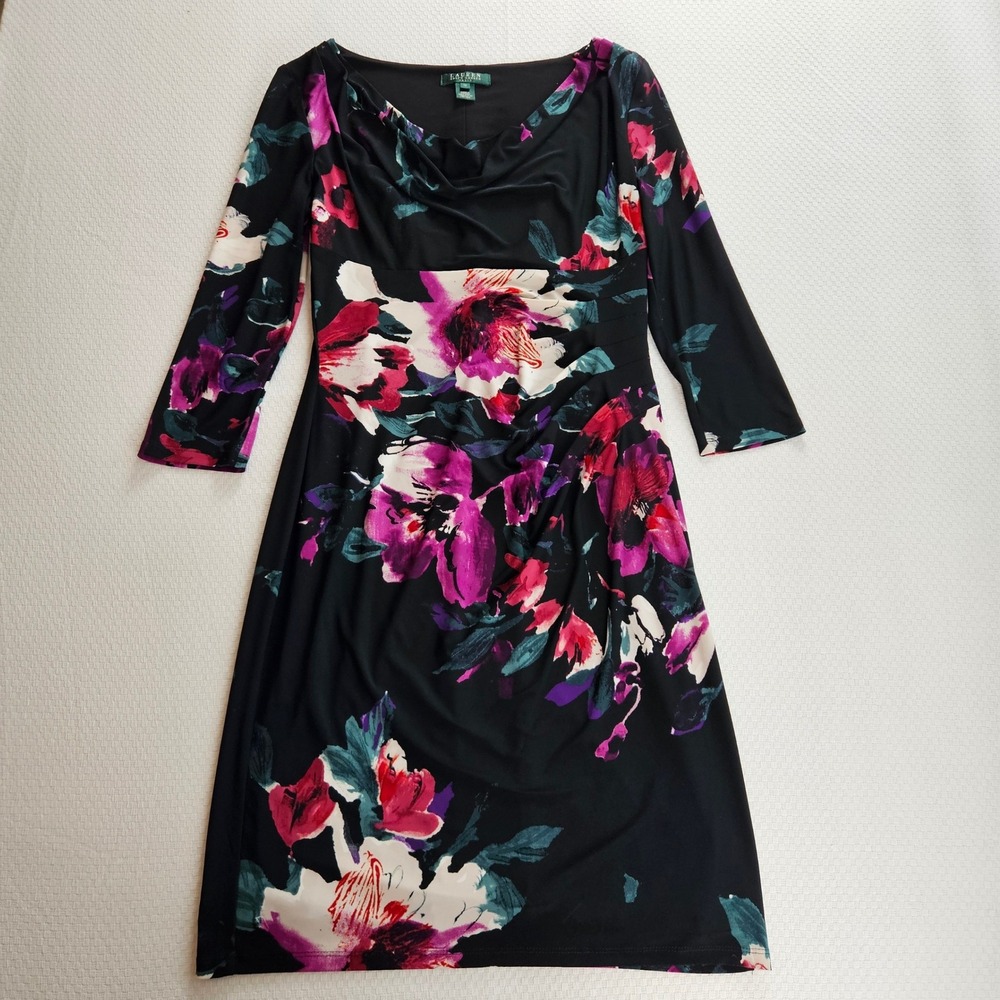 Lauren Ralph Lauren Floral Cowl Neck 3/4 Sleeve Sheath Dress Blk Pink 10 Slinky